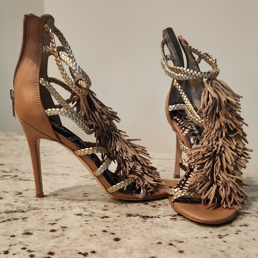 Sam Edelman Tan and Gold Stiletto Fringe Heels